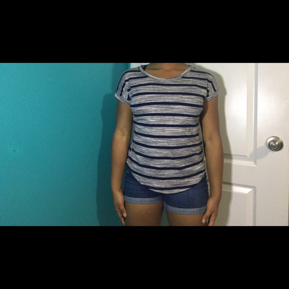 Gently used grey shirt with blue stripes